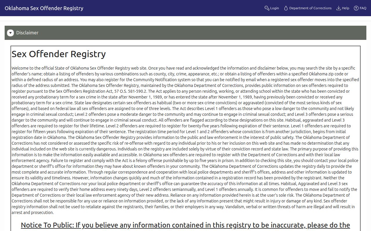 Oklahoma registry search that may display a qualifying Logan County released person's photo